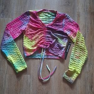 New Mix Multicolored Rainbow Long-sleeved Crop Top Women's Size L/XL NWT